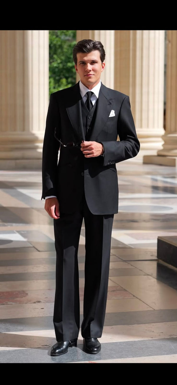 Men’s Classic Jet Black 3-Piece Formal Suit Set (Jacket + Waistcoat + Trousers)